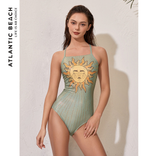 atlanticbeach泳衣女幻色竞速游泳衣高级感显瘦遮肚复古印花泳装