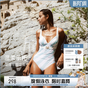 atlanticbeach度假深V连体泳衣女夏2026新款 条纹金属扣泡温泉泳装