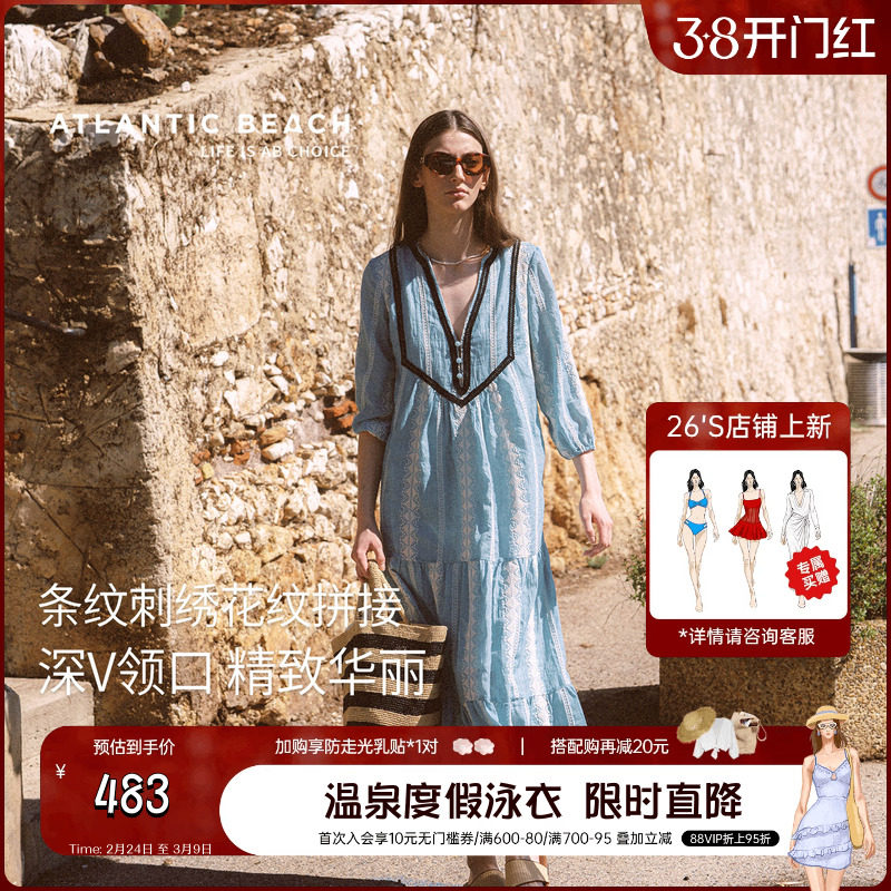 atlanticbeach2025新款法式度假连衣裙女秋宽松v领刺绣中长款裙子