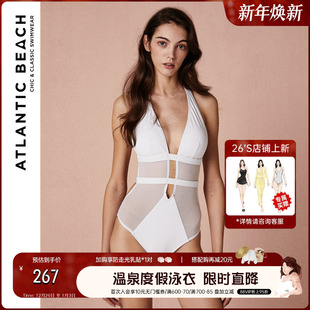AtlanticBeachV胸裁剪拼纱连体复古性感泳衣女士高级感露背游泳装