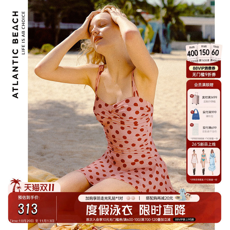atlanticbeach度假泳衣法式复古波点裙式连体泳装夏海边遮肚显瘦