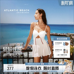 atlanticbeach度假拼接波点连体裙式 泳衣女夏绝美温泉高级感泳装