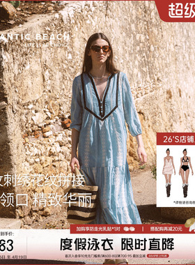 atlanticbeach2025新款法式度假连衣裙女秋宽松v领刺绣中长款裙子