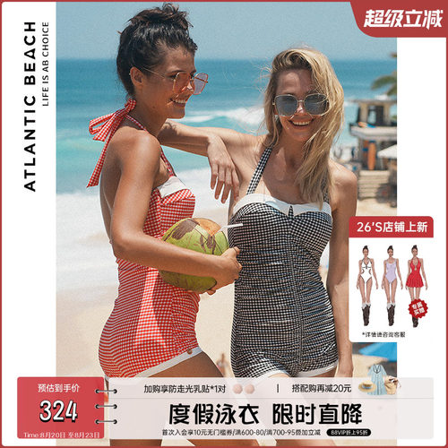 atlanticbeach度假泳衣 2024复古格纹系列性感挂脖时尚连体泳衣女