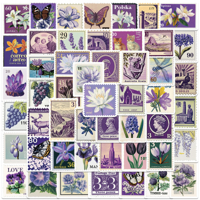50张卡通复古紫色花卉邮票贴纸