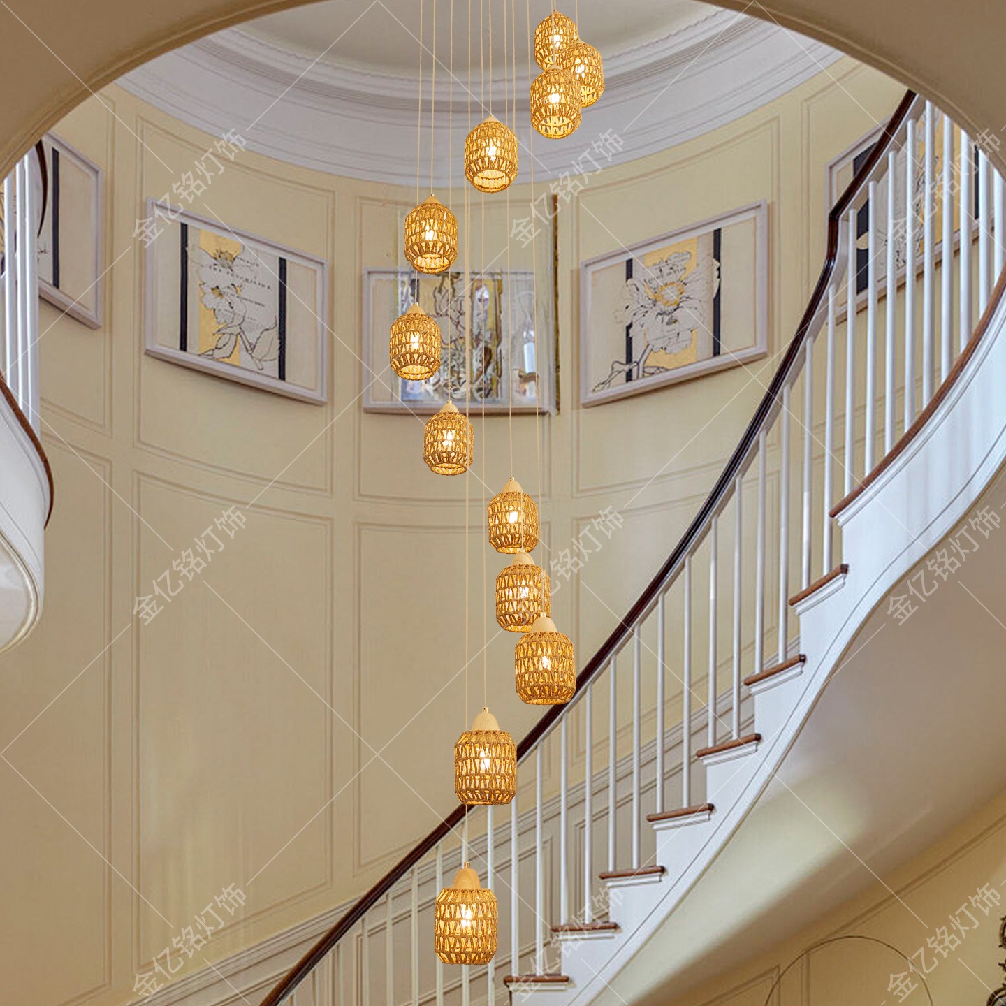 复式楼旋转楼梯吊灯中古风