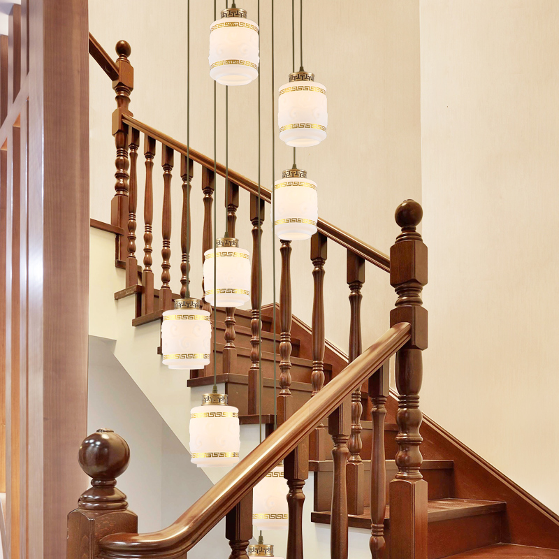 新中式旋转楼梯间大吊灯中国风现代简约别墅小复式楼中空客厅loft