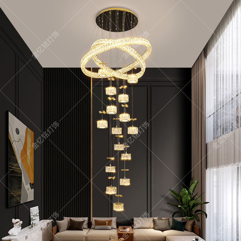 别墅挑空客厅大灯现代简约轻奢高级感水晶吊灯loft复式楼中空楼梯