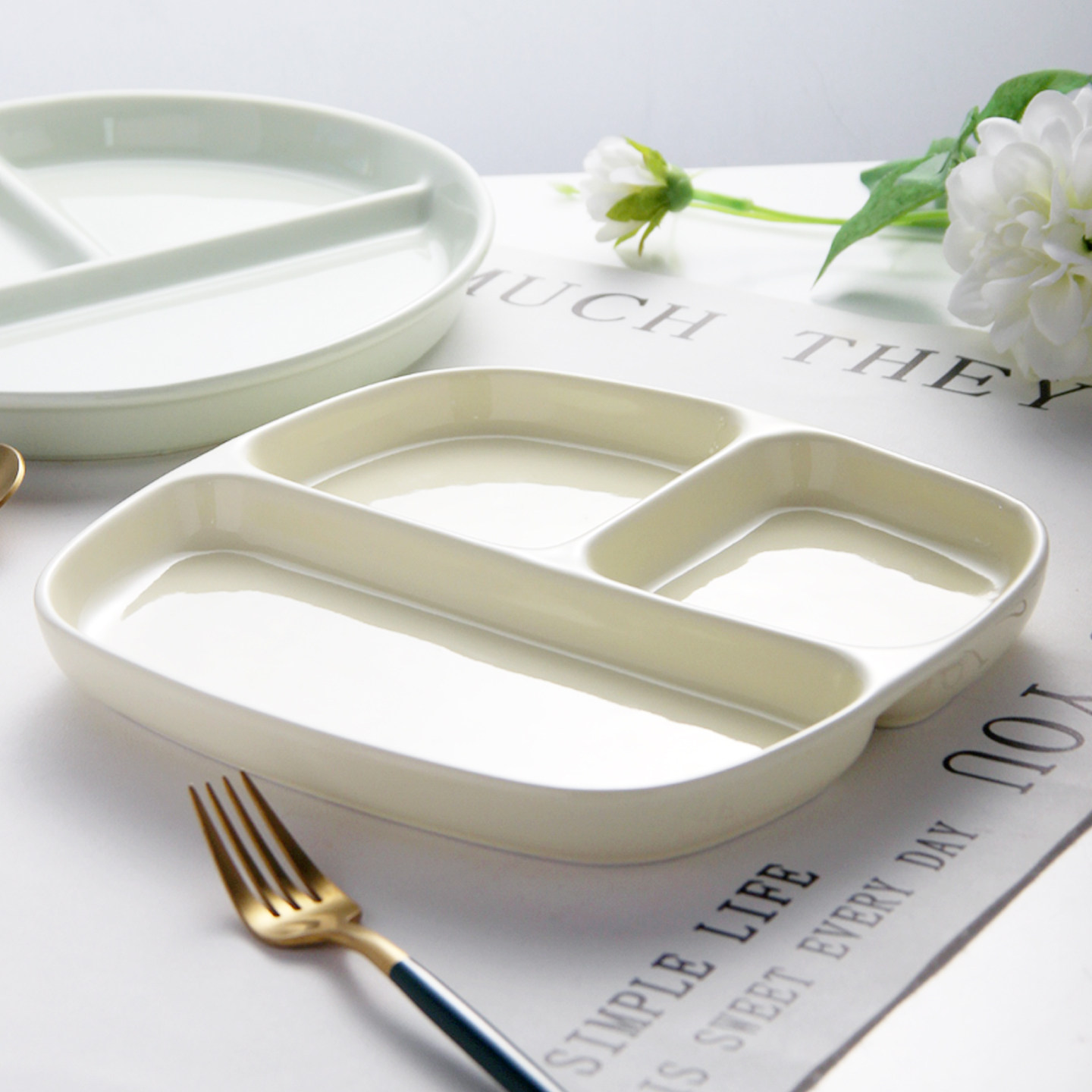 分格餐盘大人减肥专用211分餐盘陶瓷餐具分隔菜盘子儿童早餐盘子