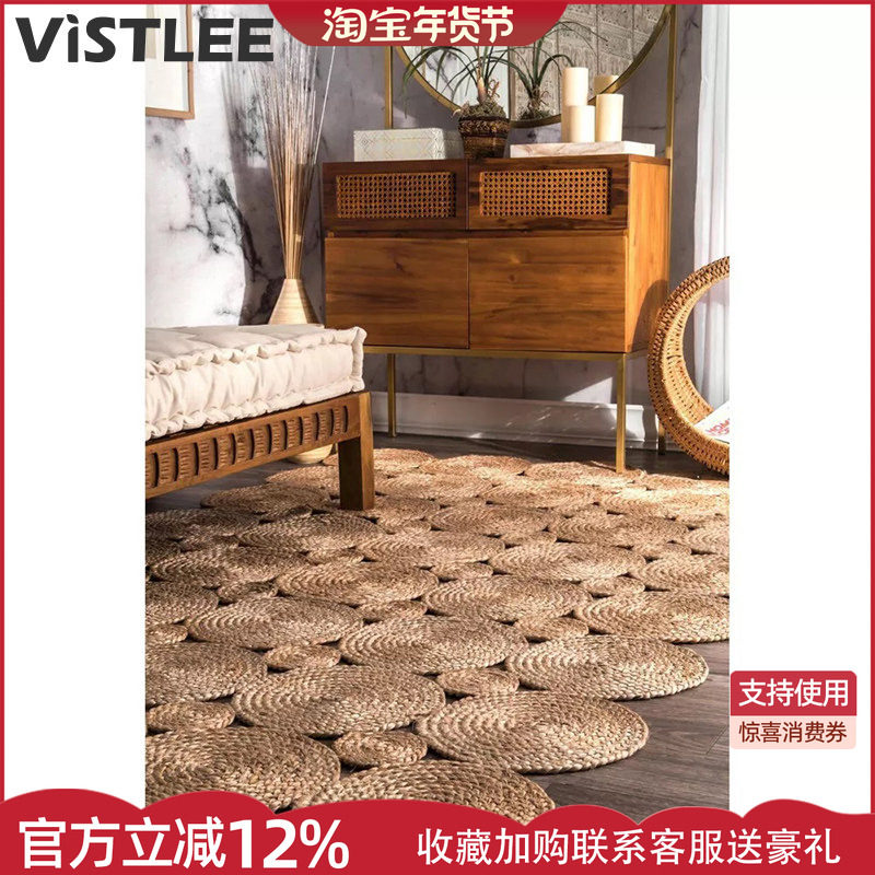 印度进口手工编织北欧乡村田园美式乡村中式禅意黄麻地毯垫可定制