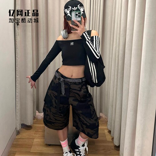 阿迪达斯 三叶草 女子运动休闲时尚一字肩露肩短款长袖T恤 JD0274