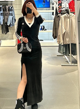 Adidas 三叶草 女子V领侧开叉过长款中袖修身连衣裙II0750 IK0439