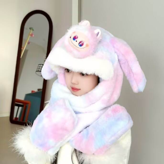 拉布布儿童帽子围巾手套一体耳朵会动三件套加厚可爱男女童围脖