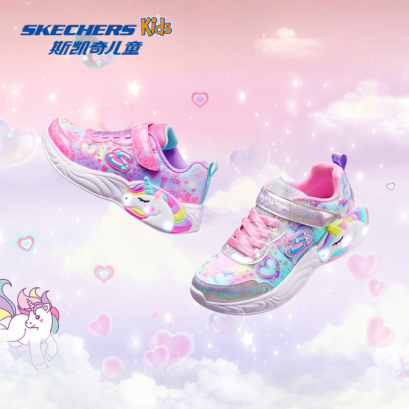 Skechers斯凯奇女童时尚渐变闪灯鞋独角兽低帮魔术贴休闲运动鞋