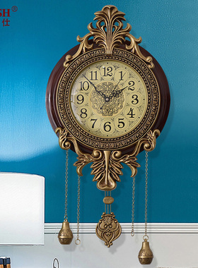 创意实木静音挂钟 欧美式大号个性石英钟 时尚简约客厅钟表