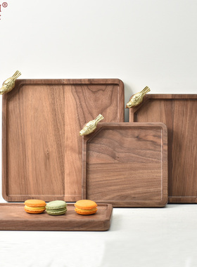 轻奢托铜小鸟盘酒店居家水果茶杯家用长方形创意胡桃木