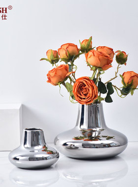 极简轻奢手工电镀银陶瓷花瓶餐桌摆件客厅插花现代简约装饰品花器