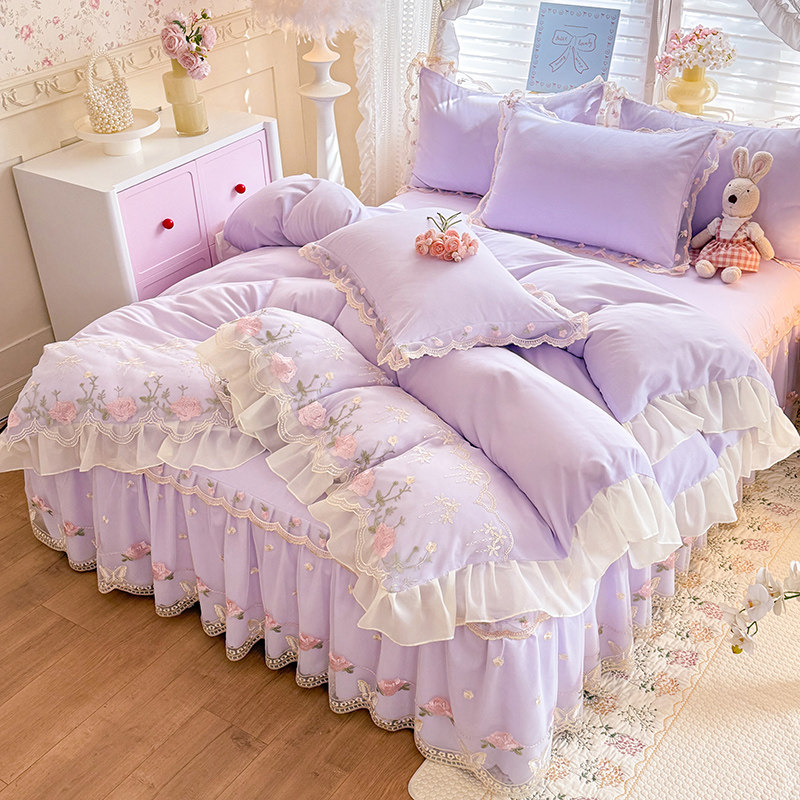 韩版刺绣花边床裙款四件套少女心蕾丝碎花被套水洗棉公主风套件