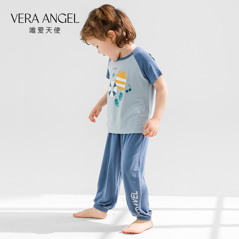唯爱天使儿童睡衣男女宝宝兰精莫代尔短袖长裤套装透气家居服套装