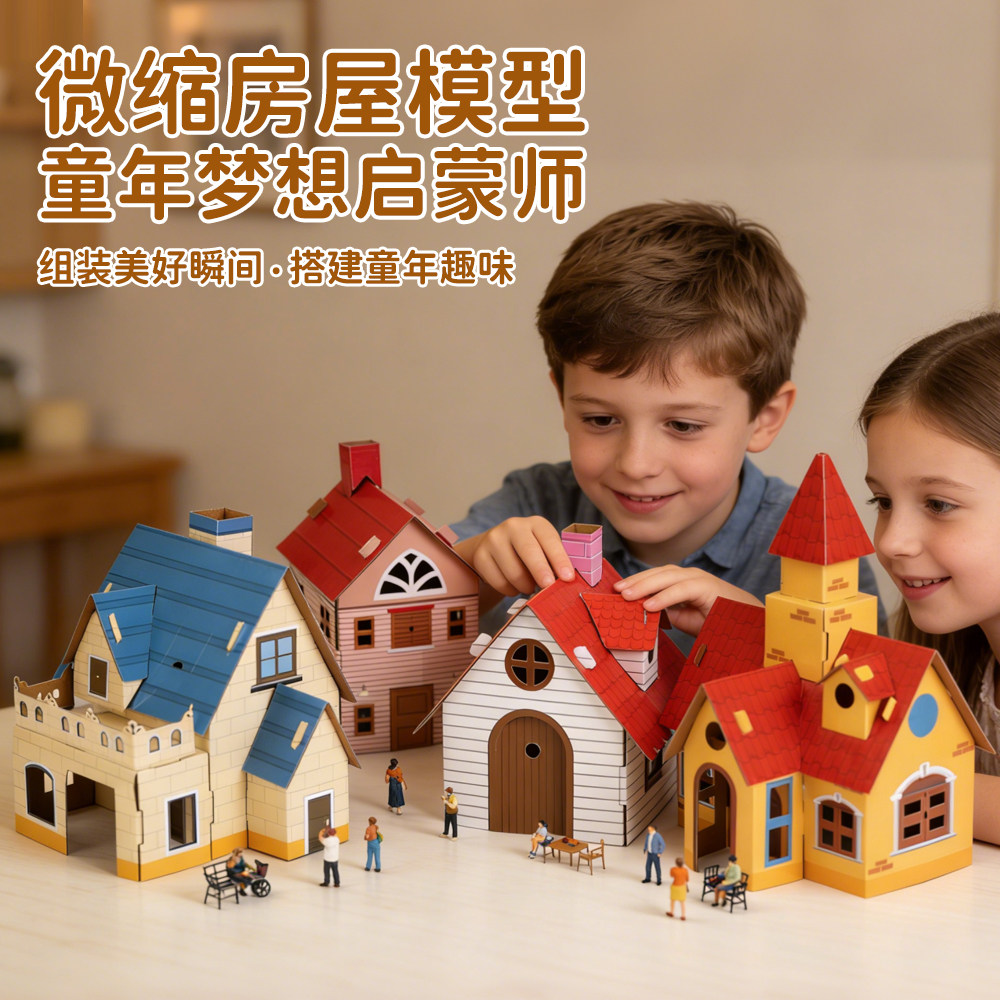 儿童手工制作房子diy小屋拼装玩具纸板材料包幼儿园建筑纸盒模型
