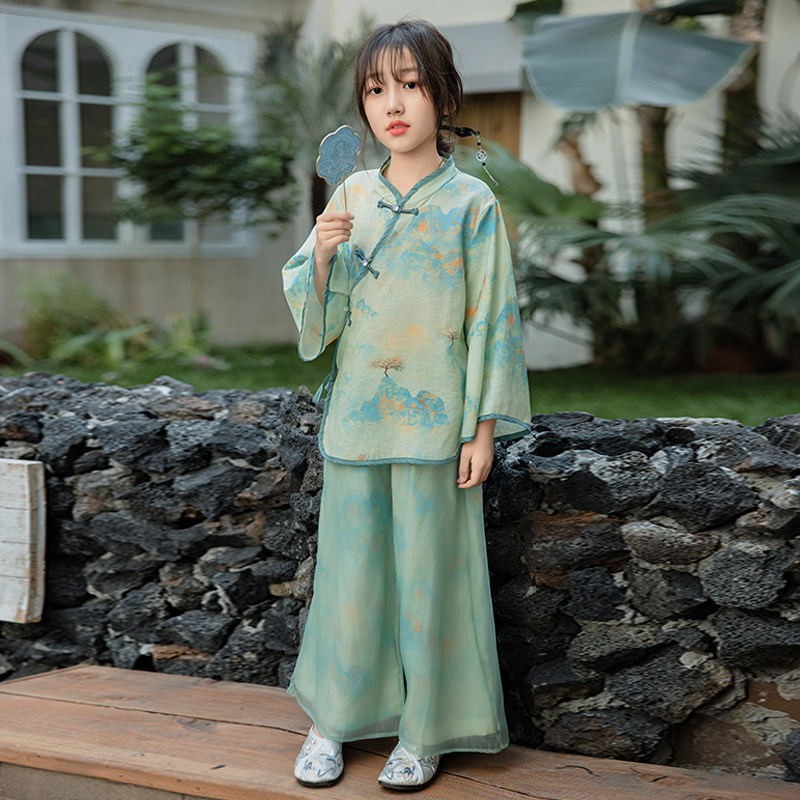 女童夏季套装2024新款汉服宝宝洋气两件套九分裙裤五分袖国风上衣