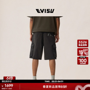 EVISU福神 2026年春夏新品男士海鸥印花黑色复古多口袋牛仔短裤