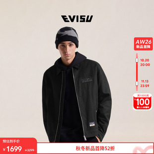 EVISU福神 2026秋季新品男海鸥刺绣黑色拉链翻领户外休闲夹克外套