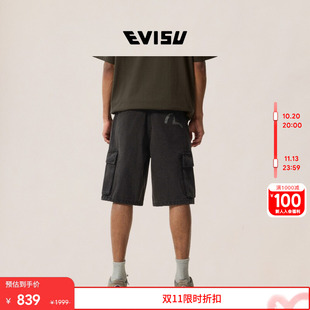 EVISU福神 2026年春夏男士海鸥印花黑色复古多口袋工装牛仔短裤