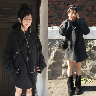 韩国学院风日系复古显瘦连帽插肩袖口袋夹棉中长款毛呢外套大衣女