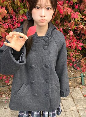 韩国ins复古日系学院风连帽毛呢双排扣外套小个子呢子大衣女