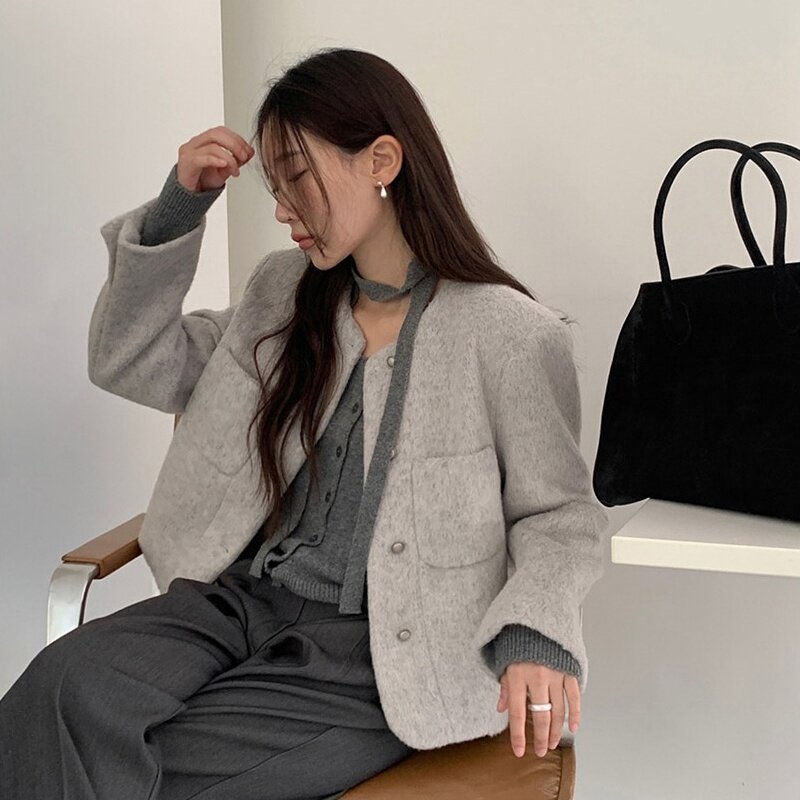 韩版新款温柔风修身显瘦洋气百搭圆领单排扣羊毛呢短外套