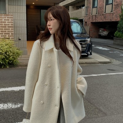 白色呢子大衣女秋冬季新款毛呢外套高级感小个子韩系气质