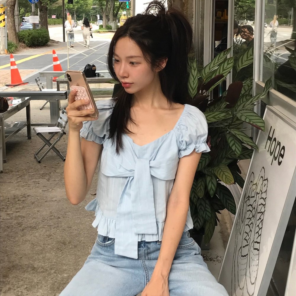 韩国chic 氧气感 蝴蝶结系带泡泡袖荷叶边短款衬衫休闲上衣