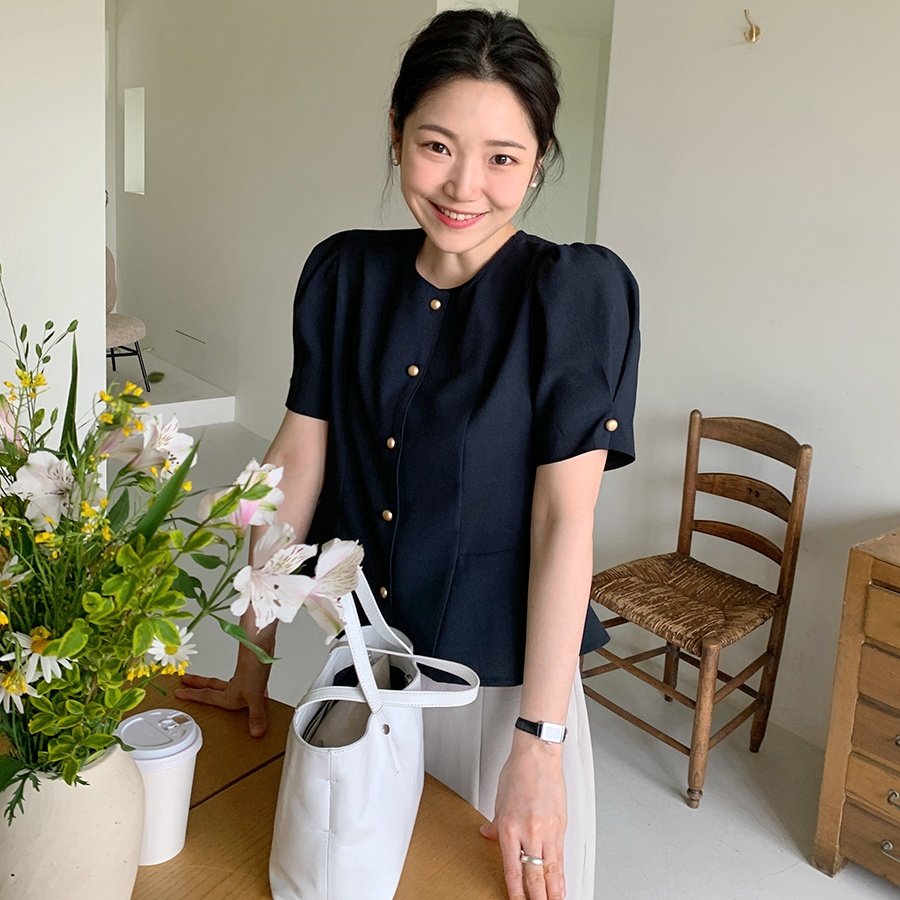 韩国chic复古温柔简约别致单排扣荷叶边收腰泡泡袖衬衫上衣