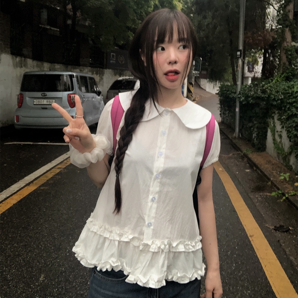 韩国chic法式复古文艺少女感娃娃领双层木耳边设计系扣衬衫