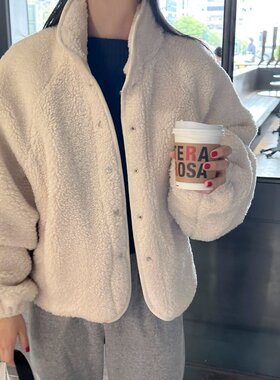 韩版复古休闲百搭慵懒风保暖立领单排扣小个子羊羔毛外套女