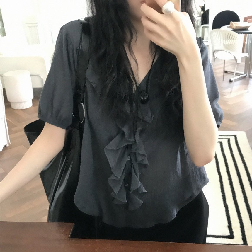 韩国东大门法式气质荷叶边V领单排扣泡泡袖休闲衬衫上衣女
