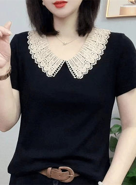 夏季新款时尚洋气减龄花边领短袖t恤女显瘦百搭纯色女装气质小衫