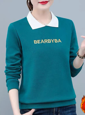 长袖t恤卫衣女春秋装薄款中年妈妈翻领上衣大码韩版polo领打底衫