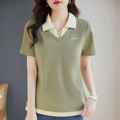 翻领短袖t恤女新款夏季大码女士假两件上衣女宽松女装百搭polo衫