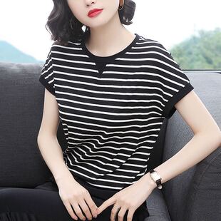 短袖t恤女2026新款大码夏装中年妈妈宽松条纹韩版夏季女装上衣潮