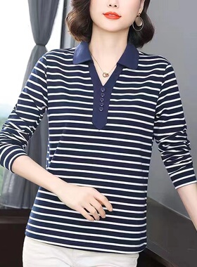 条纹t恤女polo衫新款翻领春装大码宽松显瘦长袖打底衫有领上衣女