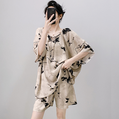 棉绸睡衣女款夏季短袖短裤大码