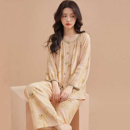 棉绸睡衣女款夏季长袖2026新款年轻人造棉绵绸妈妈女士家居服套装