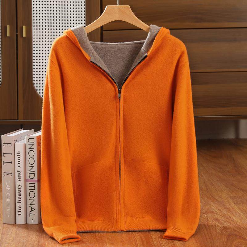 100%纯羊毛衫男士双面可穿加厚连帽针织衫纯色宽松休闲外套毛衣