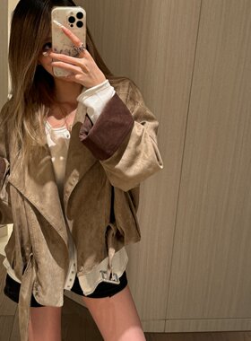 Kindzora复古麂皮外套女秋装2026新款休息百搭短款机车夹克上衣潮
