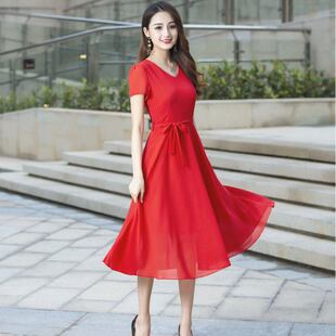 2021新款妈妈装夏装洋气女士短袖红色雪纺连衣裙中长款显瘦大摆