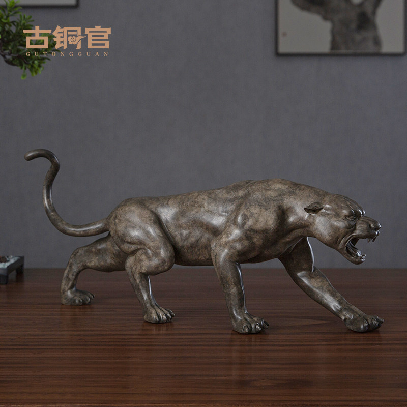 古铜官 豹子摆件黑豹猎豹铜工艺品家居客厅电视柜装饰品开业礼品