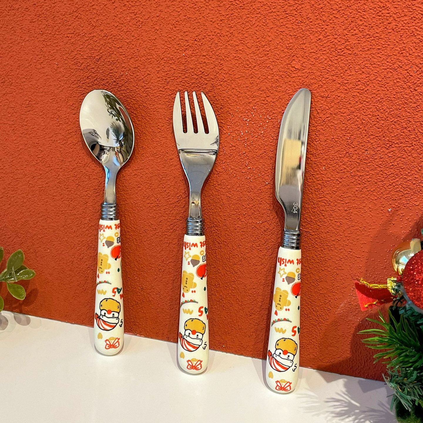刀叉家用304不锈钢水果甜品单个ins风圣诞勺子儿童可爱叉勺