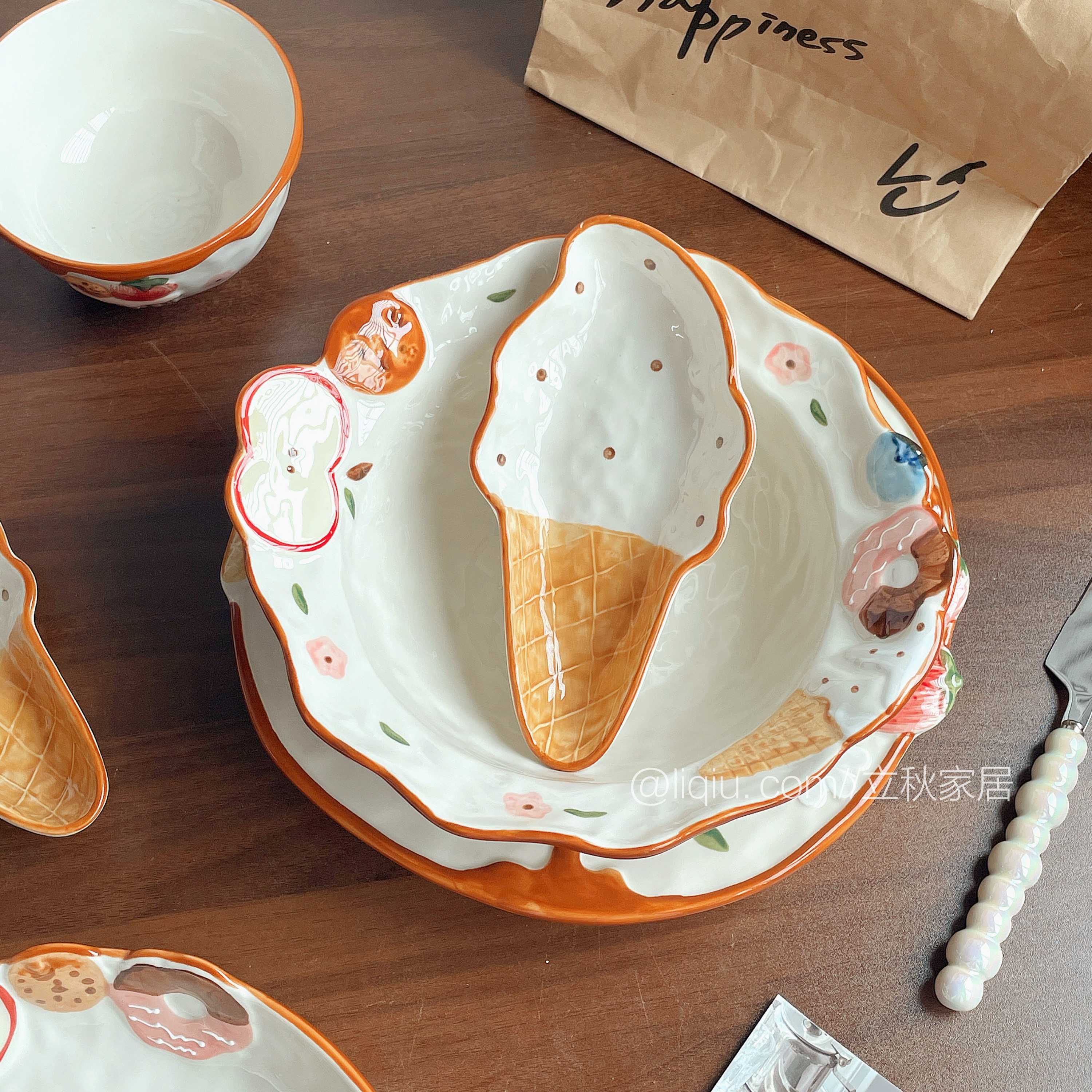 可爱浮雕苹果冰淇淋陶瓷餐具套装味碟米饭碗汤面碗沙拉意面水果盘,餐饮具,盘,淘宝优惠券,粉丝福利购,淘宝优惠卷